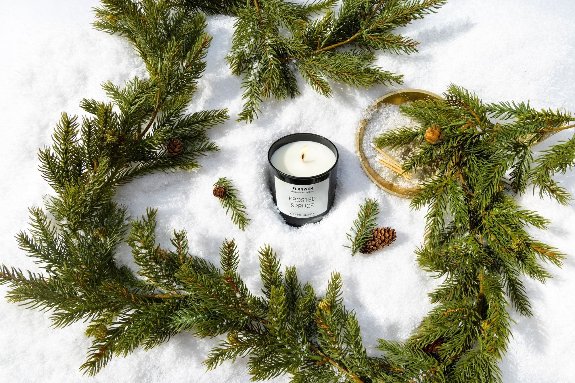 Fernweh pine soy candle on snow with evergreen branches and pinecones