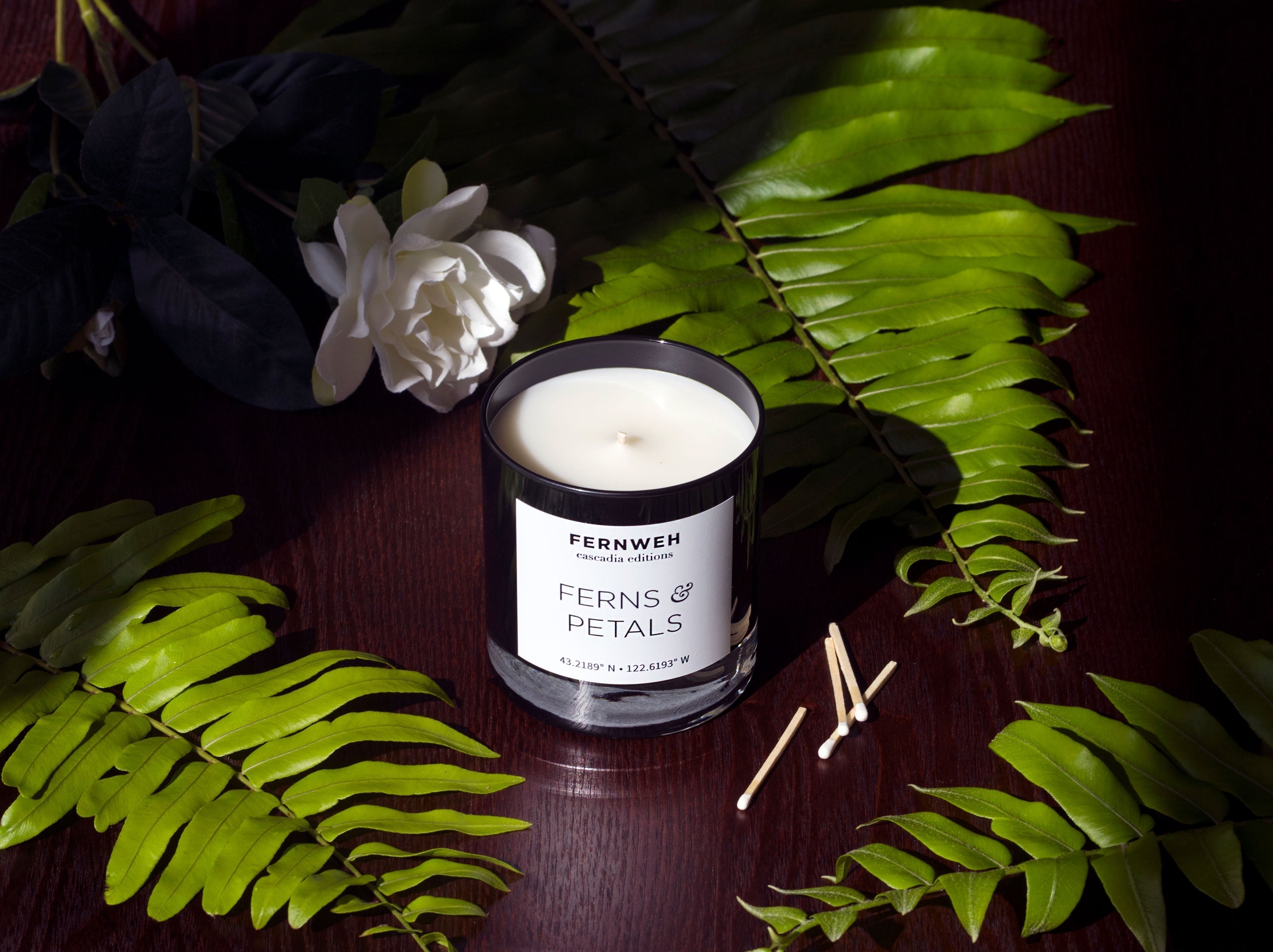 Lit Fernweh Ferns & Petals candle on dark wood with white flower and ferns