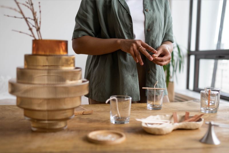 Person at wooden table with stacked glass candle jars and pottery