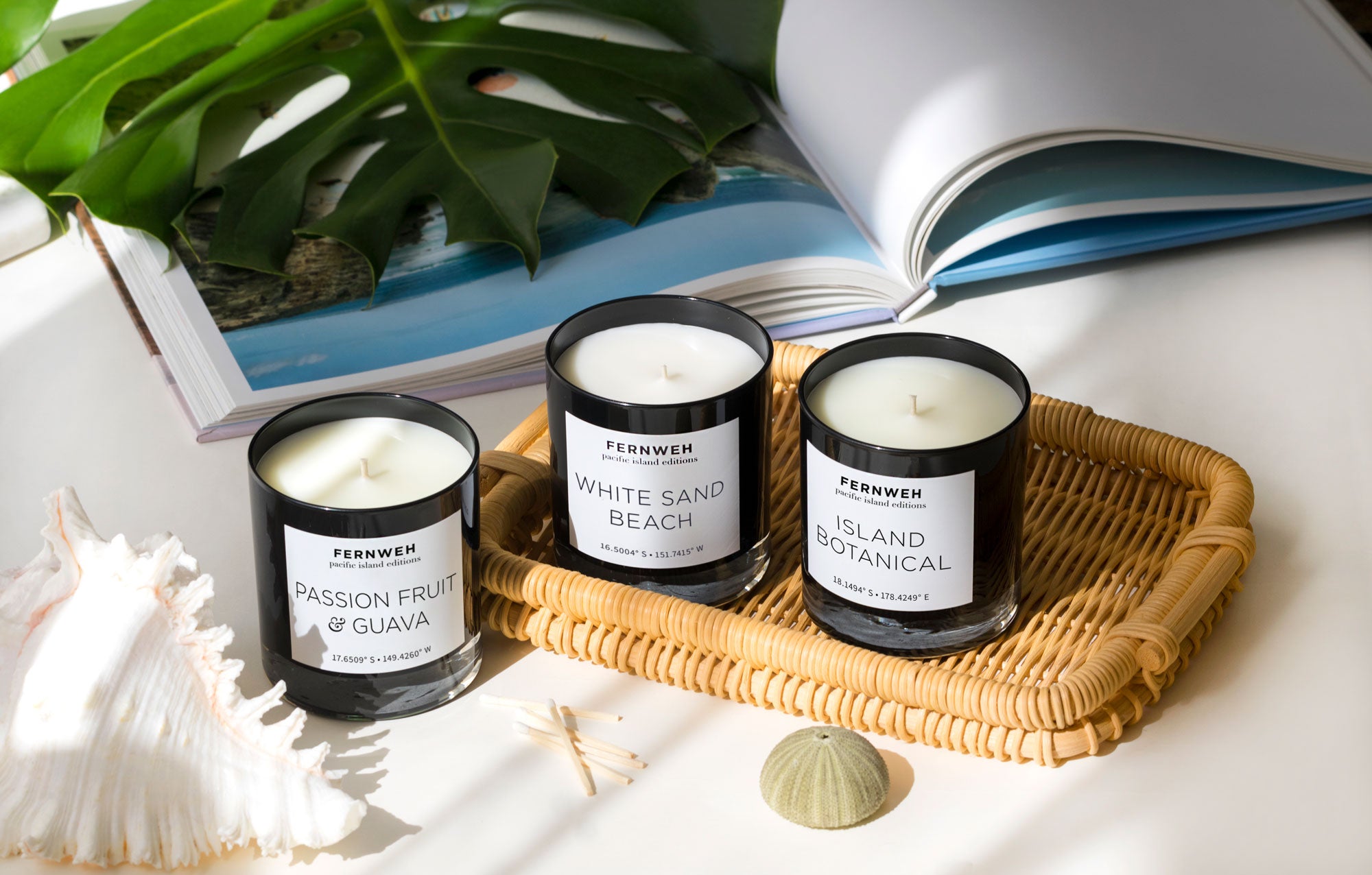 Three Pacific Island soy candles on a woven tray with monstera leaf and seashell